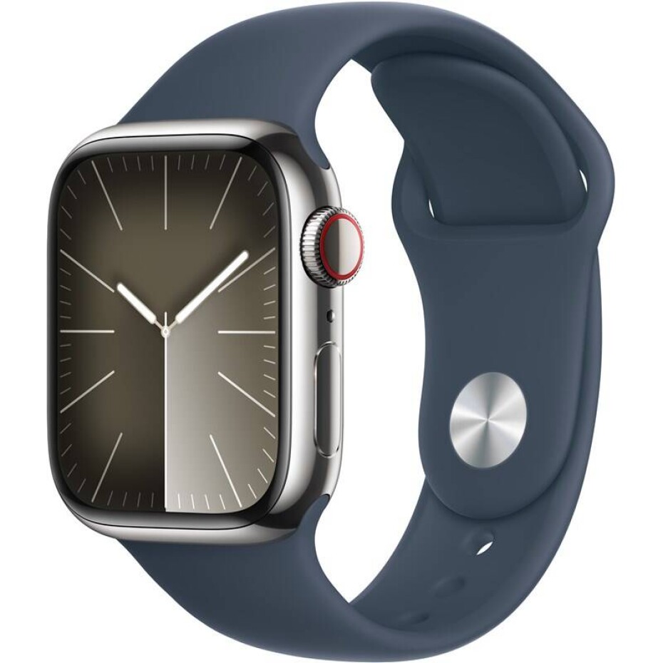 Apple Watch Series 9 GPS + Cellular 41mm pouzdro ze stříbrné nerezové oceli - bouřkově modrý sportovní řemínek - M/L (MRJ33QC/A) - main (0)