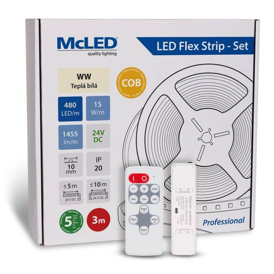 McLED sada 3 m + Přijímač Nano, 480 LED/m, WW, 1455 lm/m, vodič 3 m (ML-126.058.83.S03002) - main (0)