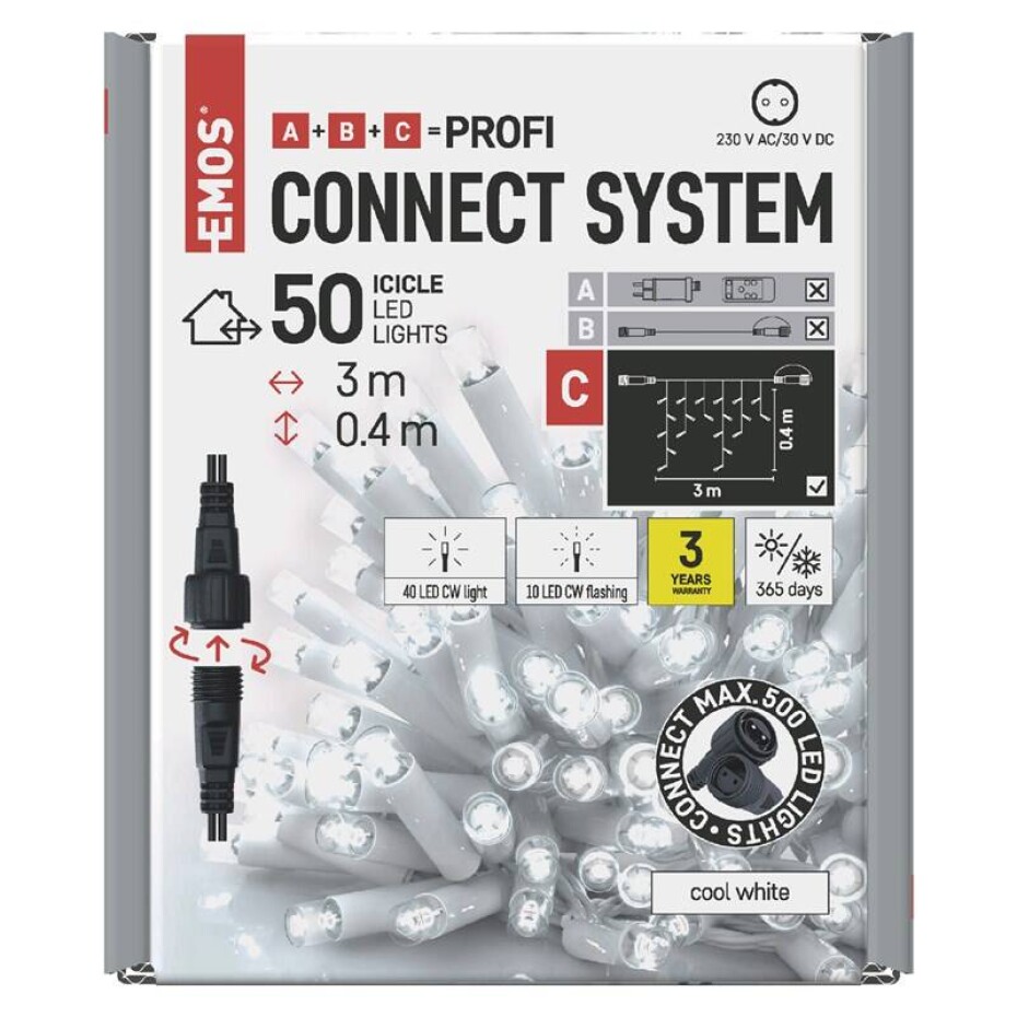 EMOS 50 LED Profi blikající bílý - rampouchy, 3 m, venkovní, studená bílá, časovač (D2CC04) - main (0)