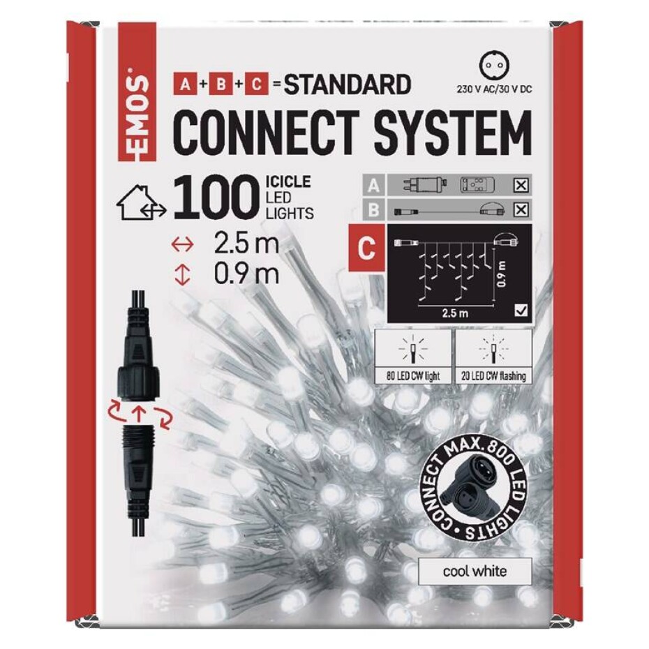 EMOS 100 LED Standard blikající - rampouchy, 2,5 m, venkovní, studená bílá, časovač (D1CC02) - main (0)