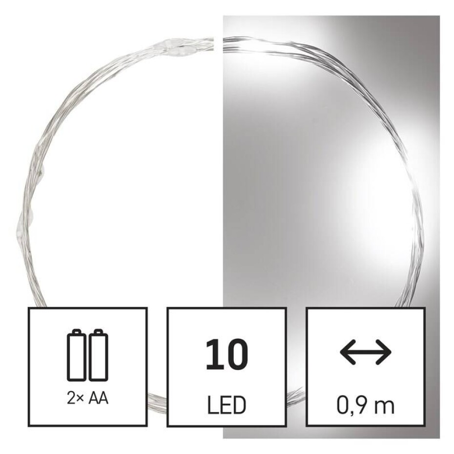 EMOS 10 LED nano řetěz stříbrný, 0,9 m, 2x AA, vnitřní, studená bílá, časovač (D3AC06) - main (0)