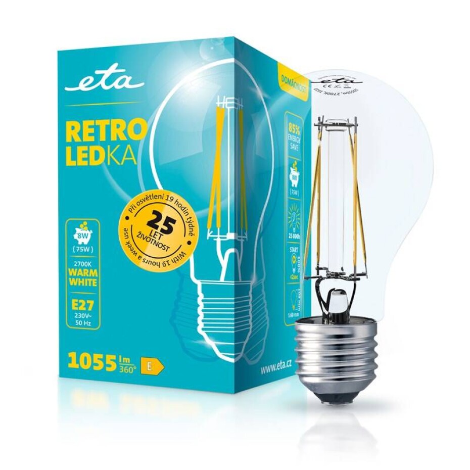 ETA RETRO LEDka klasik filament 8W, E27, teplá bílá (ETAA60W8WWF01) - main (0)