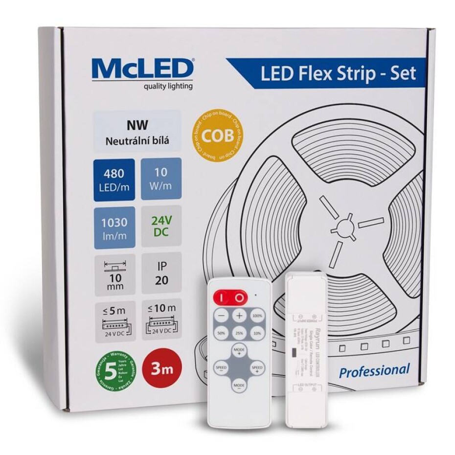 McLED sada 3 m + Přijímač Nano, 480 LED/m, NW, 1030 lm/m, vodič 3 m (ML-126.054.83.S03002) - main (0)