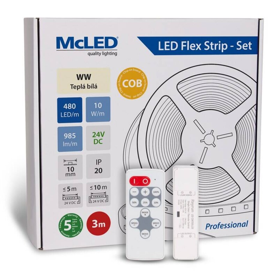 McLED sada 3 m + Přijímač Nano, 480 LED/m, WW, 985 lm/m, vodič 3 m (ML-126.055.83.S03002) - main (0)