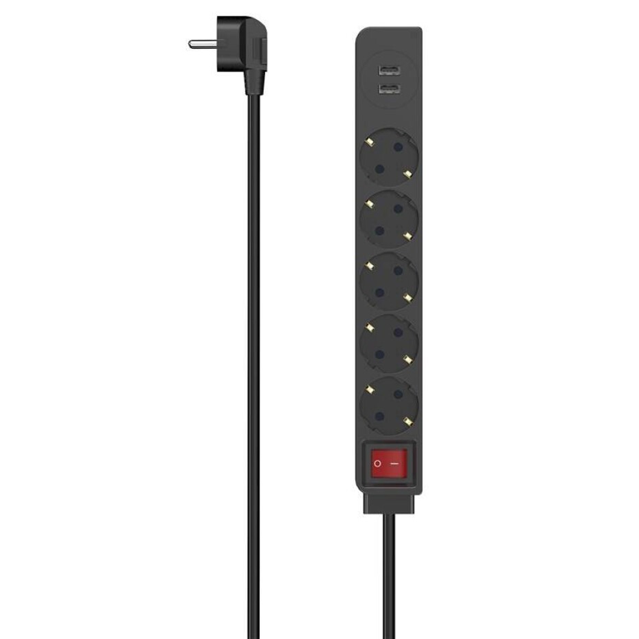 Hama 5x zásuvka schuko, 2x USB-A, vypínač, 1,4 m (223184) černý - main (0)