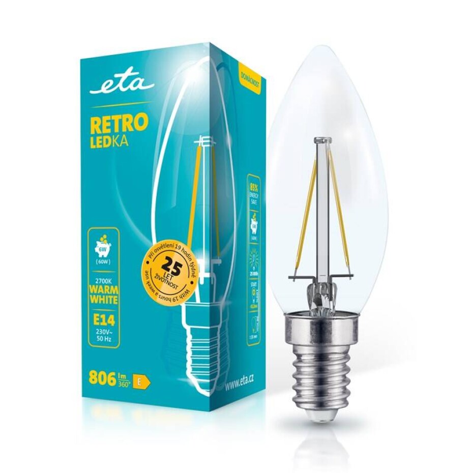 ETA RETRO LEDka svíčka filament 6W, E14, teplá bílá (ETAC35W6WWF01) - main (0)