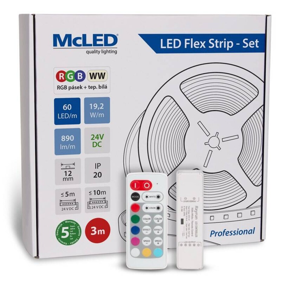 McLED s ovládáním Nano - sada 3 m - Professional, 60 LED/m, RGB+WW, 890 lm/m, vodič 3 m (ML-128.635.60.S03005) - main (0)