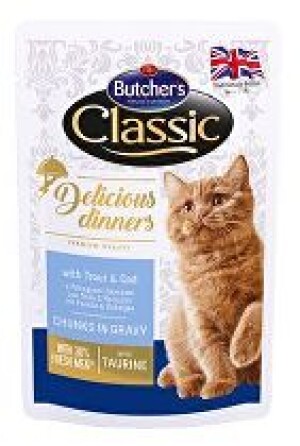 Product detail of Butcher's Cat Class.Delic.Dinn.pstruh+treska kapsa100g + Množstevní sleva