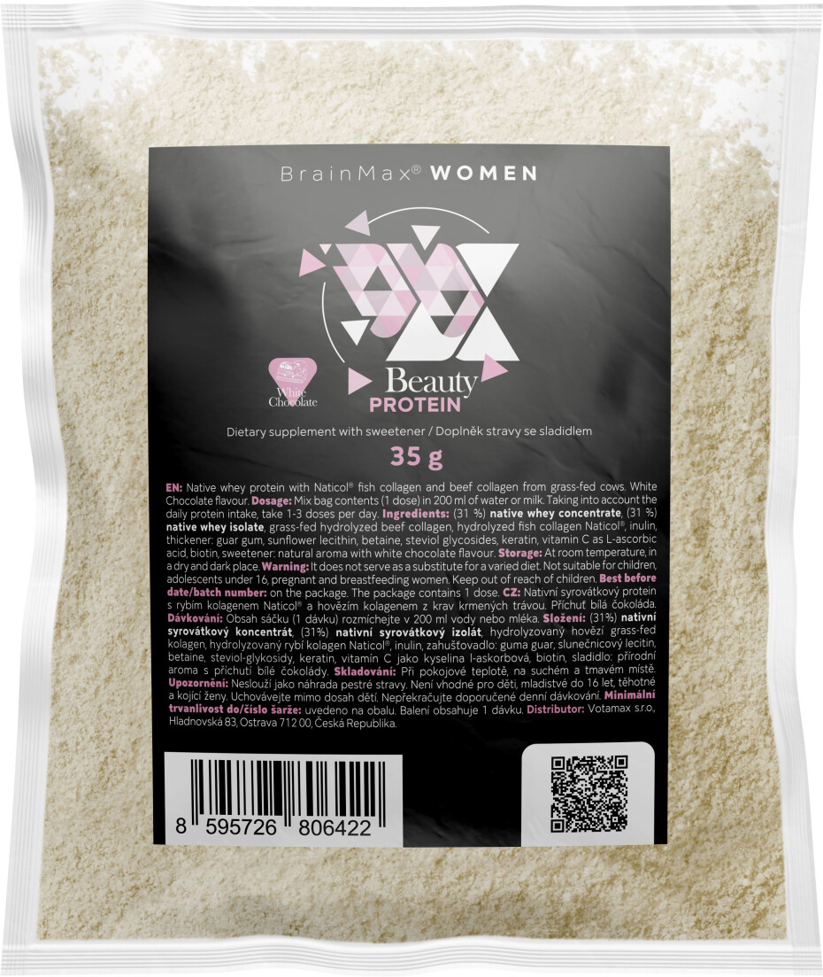 BrainMax Women Beauty Protein, protein pro ženy s kolagenem, keratinem a vitamíny, 35 g, VZOREK Příchuť: Kokos - main (16)
