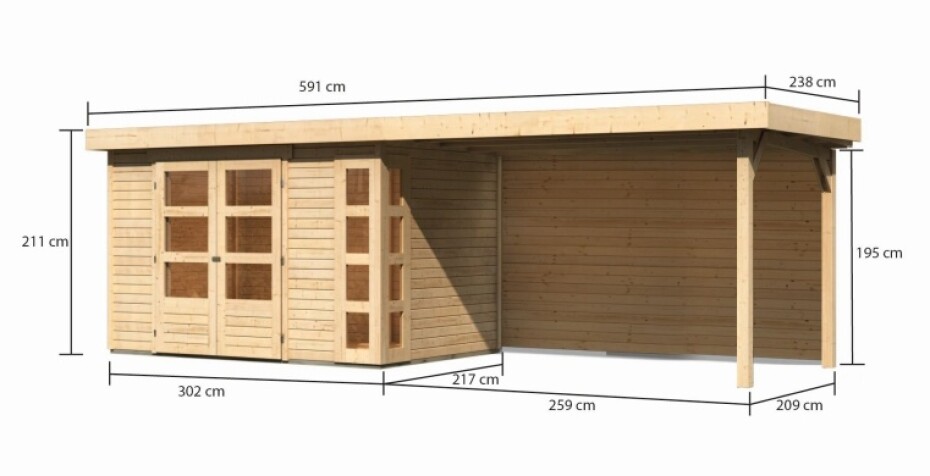 Dřevěný domek KARIBU KERKO 4 + přístavek 280 cm včetně zadní stěny (9191) natur LG2977 - main (1)