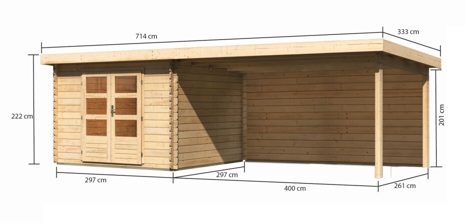 Dřevěný domek KARIBU BASTRUP 5 + přístavek 400 cm včetně zadní stěny (9311) natur LG3020 - main (1)
