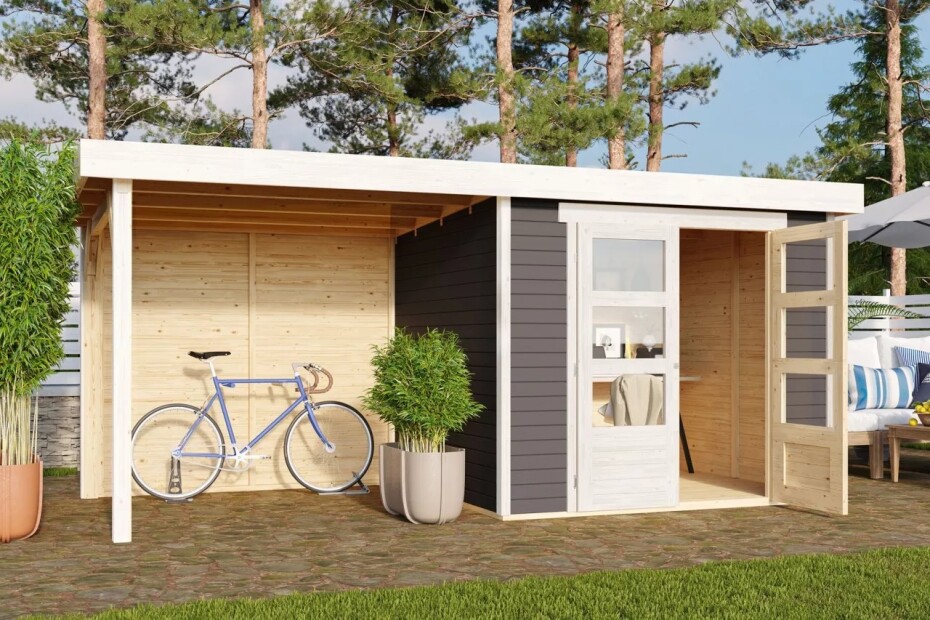 Dřevěný domek KARIBU ASKOLA 3 + přístavek 240 cm včetně zadní stěny (9171) šedý LG3232 - main (2)