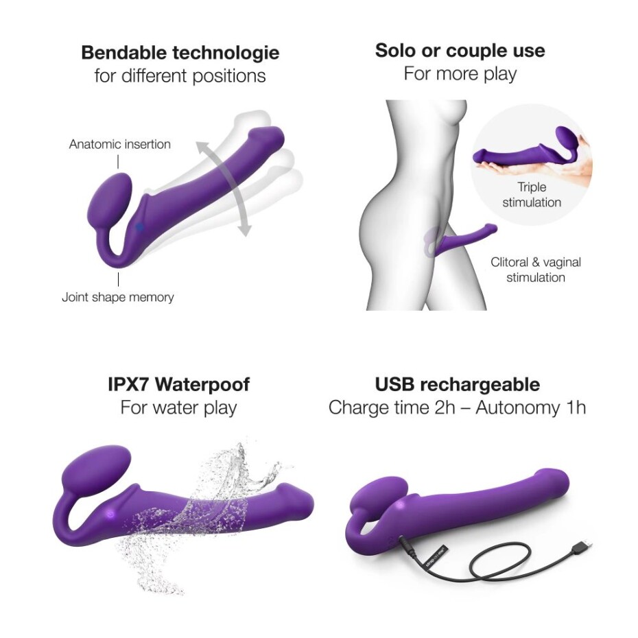 Strap-on-me 3 Motors Vibrating Silicone Bendable Strap-On Purple M - main (2)
