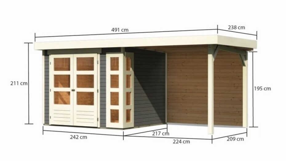 Dřevěný domek KARIBU KERKO 3 + přístavek 240 cm včetně zadní stěny (9186) šedý LG2955 - main (1)