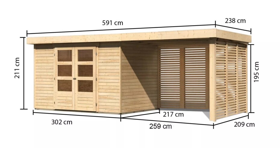 Dřevěný domek KARIBU ASKOLA 4 + přístavek 280 cm včetně zadní a boční stěny (9182) natur LG3274 - main (1)