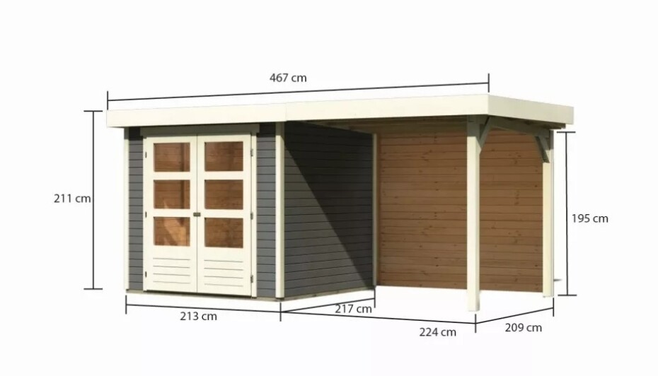 Dřevěný domek KARIBU ASKOLA 2 + přístavek 240 cm včetně zadní stěny (9165) šedý LG3211 - main (1)