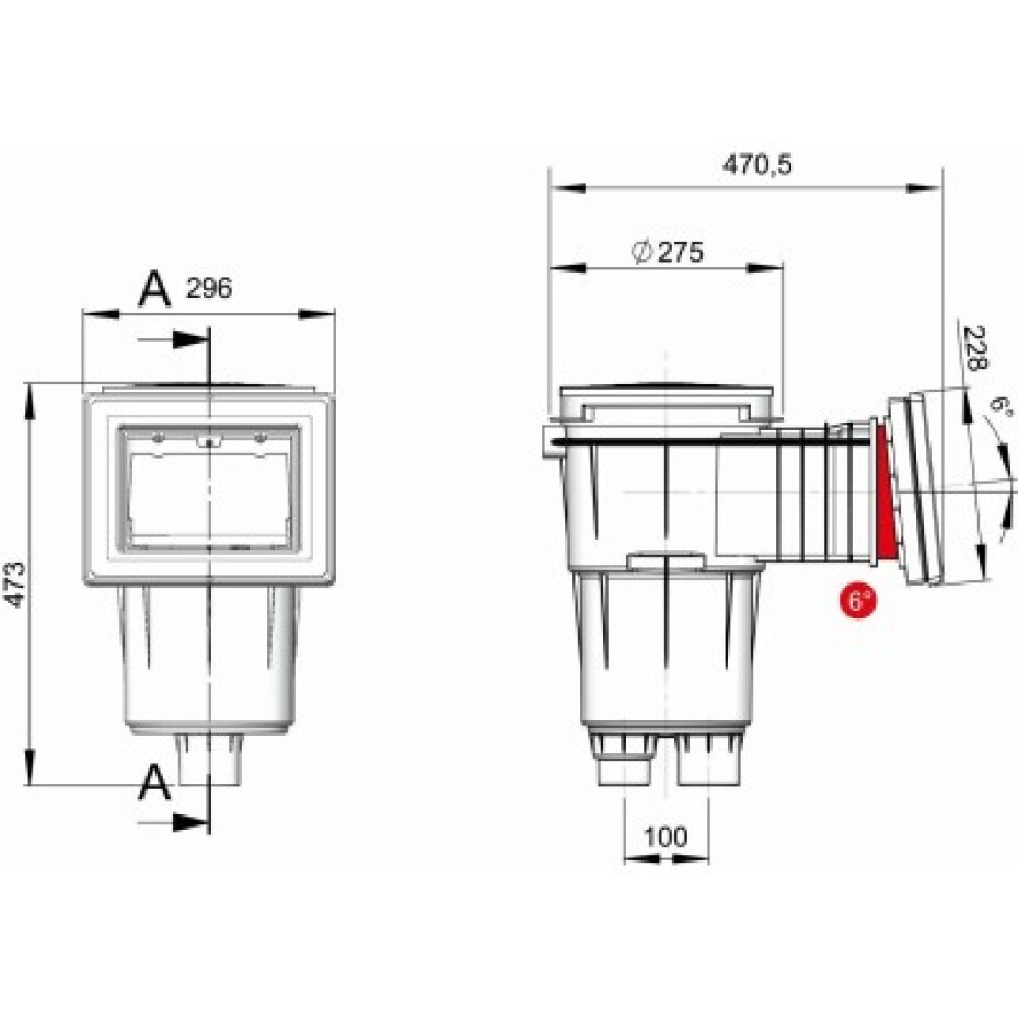 VágnerPool bazénový skimmer 17,5 l s úkosem 6°, standardní hrdlo, mosazné zástřiky - main (1)