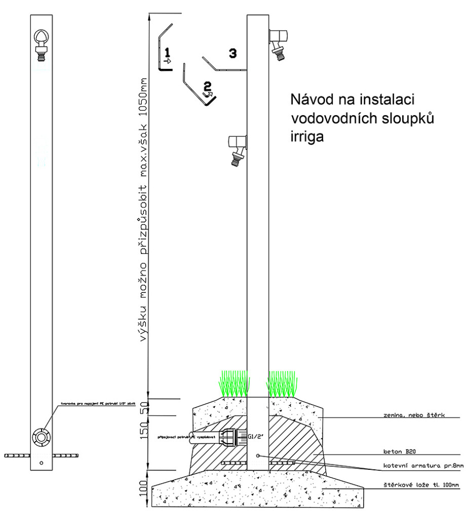 Nerezový zahradní vodovodní sloupek V2N - 2 kohouty a závěs - main (4)