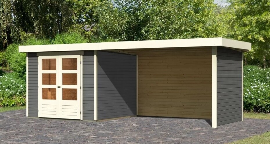 Dřevěný domek KARIBU ASKOLA 3,5 + přístavek 280 cm včetně zadní a boční stěny (9151) šedý LG3253 - main (2)