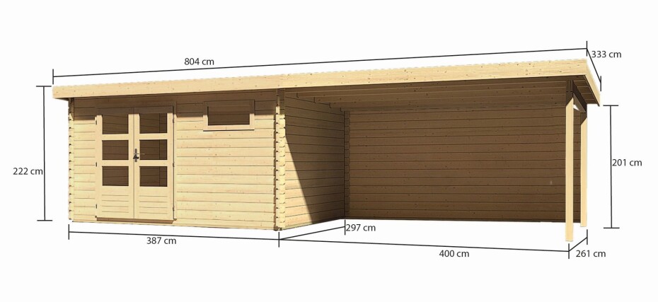 Dřevěný domek KARIBU BASTRUP 8 + přístavek 400cm včetně zadní stěny (9319) natur LG3036 - main (1)