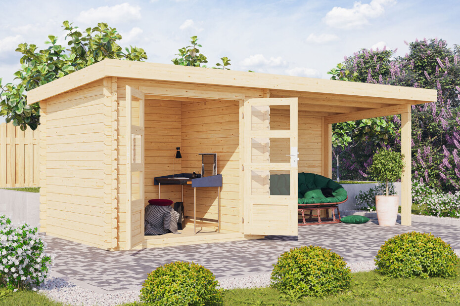 Dřevěný domek KARIBU BASTRUP 2 + přístavek 300 cm včetně zadní stěny (9301) natur LG2818 - main (3)