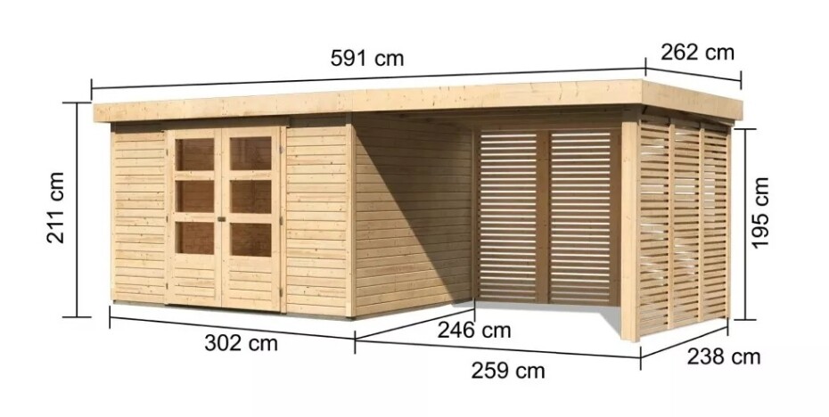 Dřevěný domek KARIBU ASKOLA 5 + přístavek 280 cm včetně zadní a boční stěny (9163) natur LG3284 - main (1)