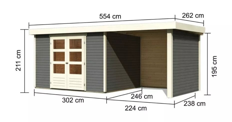 Dřevěný domek KARIBU ASKOLA 5 + přístavek 240 cm včetně zadní a boční stěny (9157) šedý LG3278 - main (1)