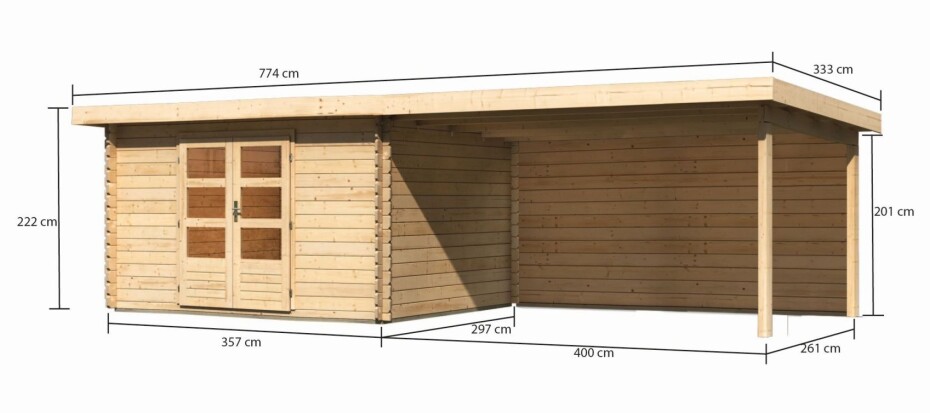 Dřevěný domek KARIBU BASTRUP 7 + přístavek 400 cm včetně zadní stěny (9315) natur LG3028 - main (1)