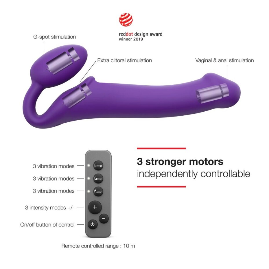 Strap-on-me 3 Motors Vibrating Silicone Bendable Strap-On Purple M - main (1)