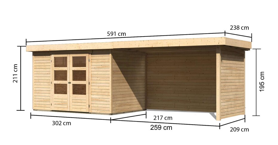 Dřevěný domek KARIBU ASKOLA 4 + přístavek 280 cm včetně zadní a boční stěny (77734) natur LG3271 - main (1)