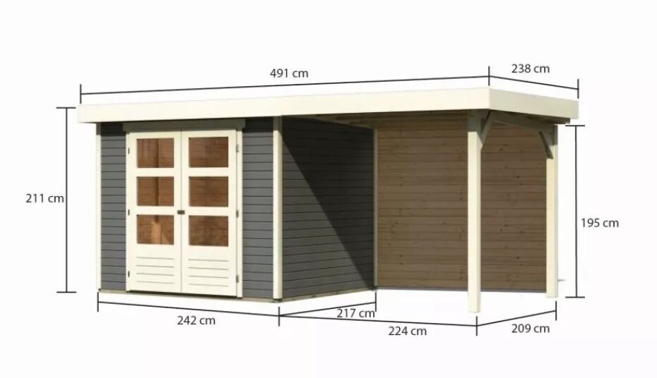 Dřevěný domek KARIBU ASKOLA 3 + přístavek 240 cm včetně zadní stěny (9171) šedý LG3232 - main (1)