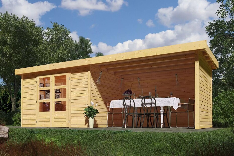Dřevěný domek KARIBU ASKOLA 3 + přístavek 280 cm včetně zadní a boční stěny (77727) natur LG3240 - main (2)