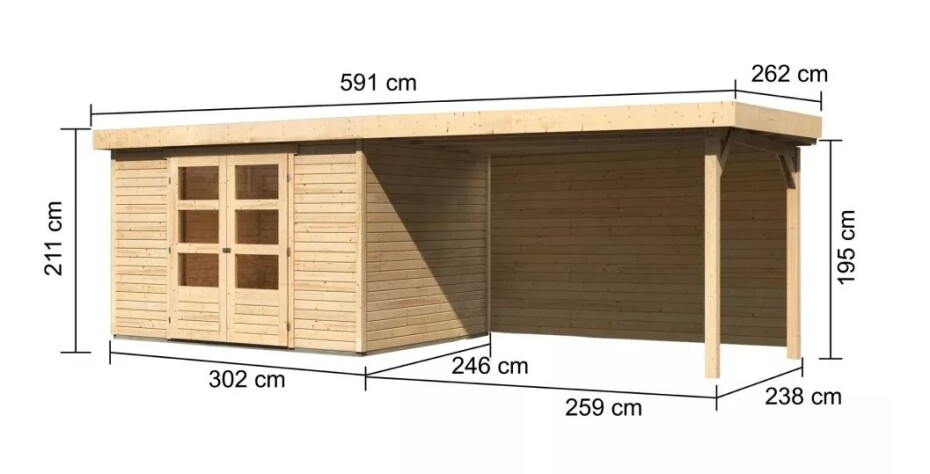 Dřevěný domek KARIBU ASKOLA 5 + přístavek 280 cm včetně zadní stěny (9160) natur LG3280 - main (1)