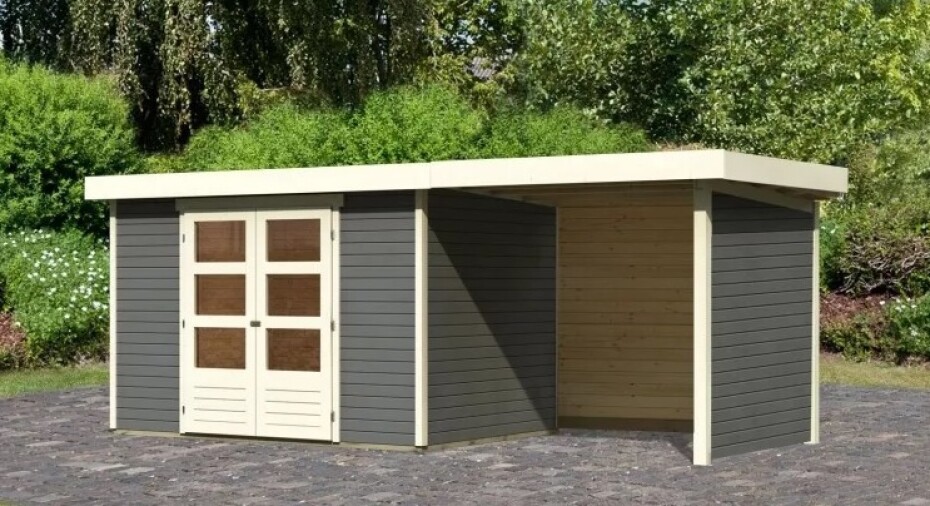 Dřevěný domek KARIBU ASKOLA 4 + přístavek 240 cm včetně zadní a boční stěny (92072) šedý LG3262 - main (2)