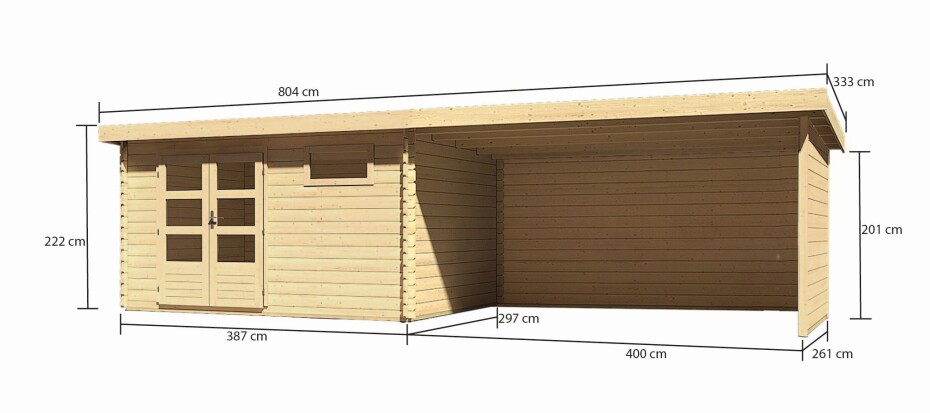 Dřevěný domek KARIBU BASTRUP 8 + přístavek 400cm včetně zadní a boční stěny (9320) natur LG3037 - main (1)