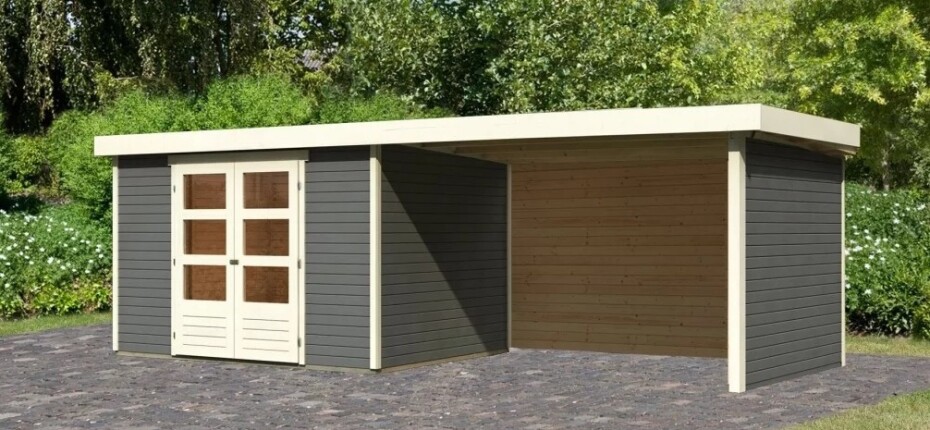 Dřevěný domek KARIBU ASKOLA 5 + přístavek 280 cm včetně zadní a boční stěny (9162) šedý LG3283 - main (2)