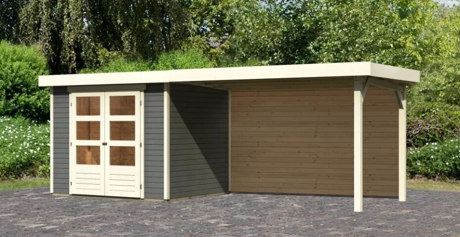 Dřevěný domek KARIBU ASKOLA 3 + přístavek 280 cm včetně zadní stěny (9174) šedý LG3238 - main (2)