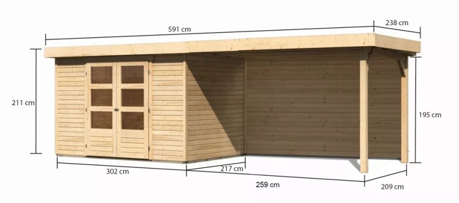 Dřevěný domek KARIBU ASKOLA 4 + přístavek 280 cm včetně zadní stěny (9180) natur LG3267 - main (1)