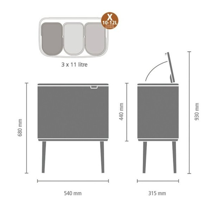Dotykový odpadkový koš BO TOUCH BIN 3 x 11 l, platinová, Brabantia - main (7)