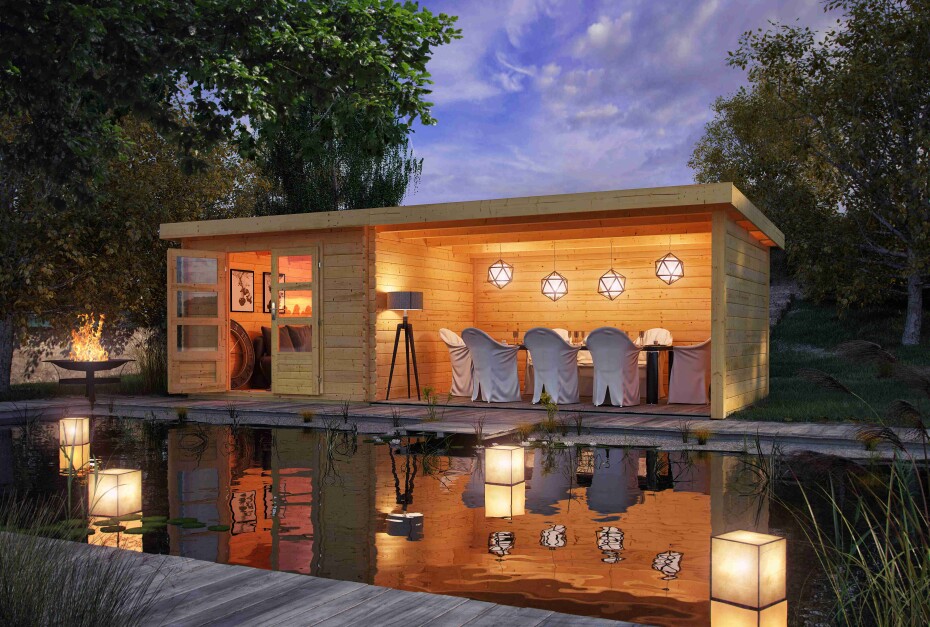 Dřevěný domek KARIBU BASTRUP 5 + přístavek 400 cm včetně zadní a boční stěny (9312) natur LG3021 - main (3)