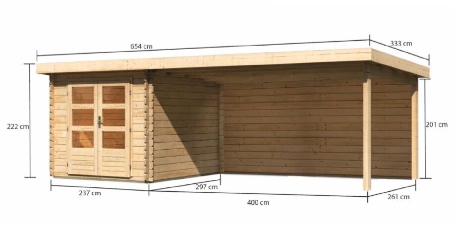 Dřevěný domek KARIBU BASTRUP 4 + přístavek 400 cm včetně zadní stěny (9306) natur LG2882 - main (1)