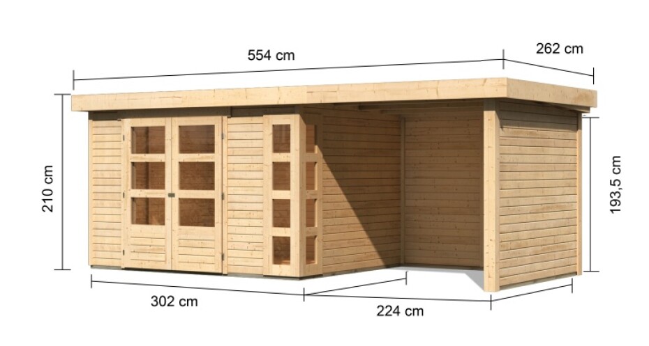 Dřevěný domek KARIBU KERKO 5 + přístavek 240 cm včetně zadní a boční stěny (9197) natur LG2987 - main (1)