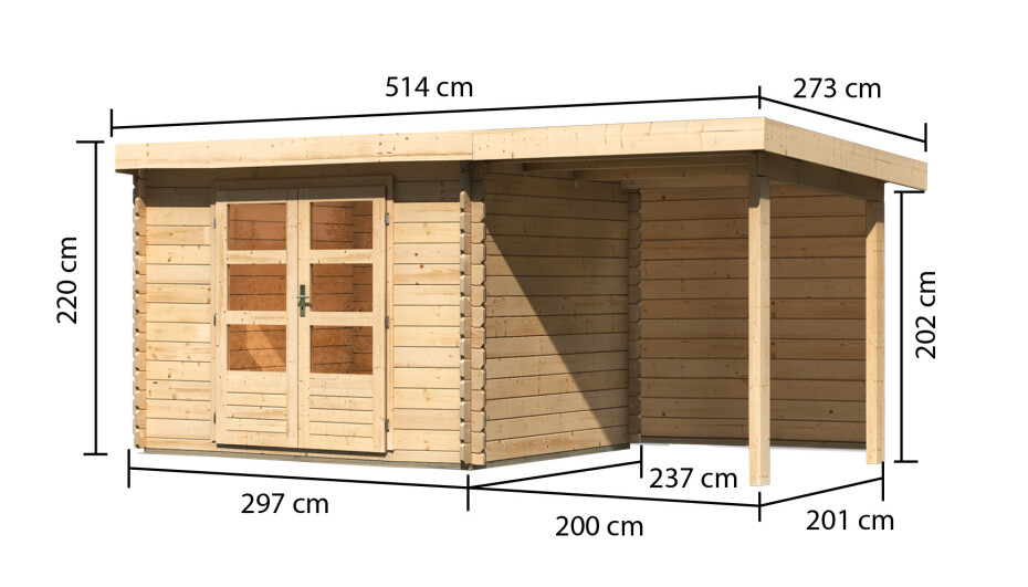 Dřevěný domek KARIBU BASTRUP 3 + přístavek 200 cm včetně zadní stěny (9302) natur LG2840 - main (1)