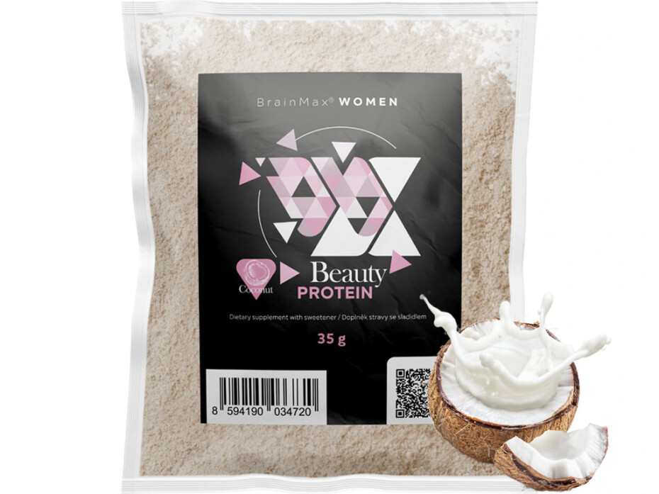 BrainMax Women Beauty Protein, protein pro ženy s kolagenem, keratinem a vitamíny, 35 g, VZOREK Příchuť: Bílá čokoláda - main (1)