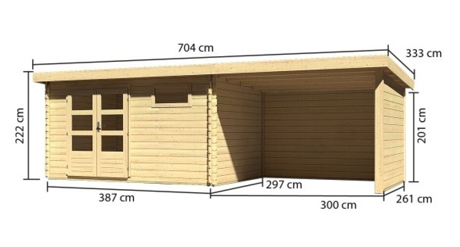 Dřevěný domek KARIBU BASTRUP 8 + přístavek 300cm včetně zadní a boční stěny (78677) natur LG3035 - main (1)