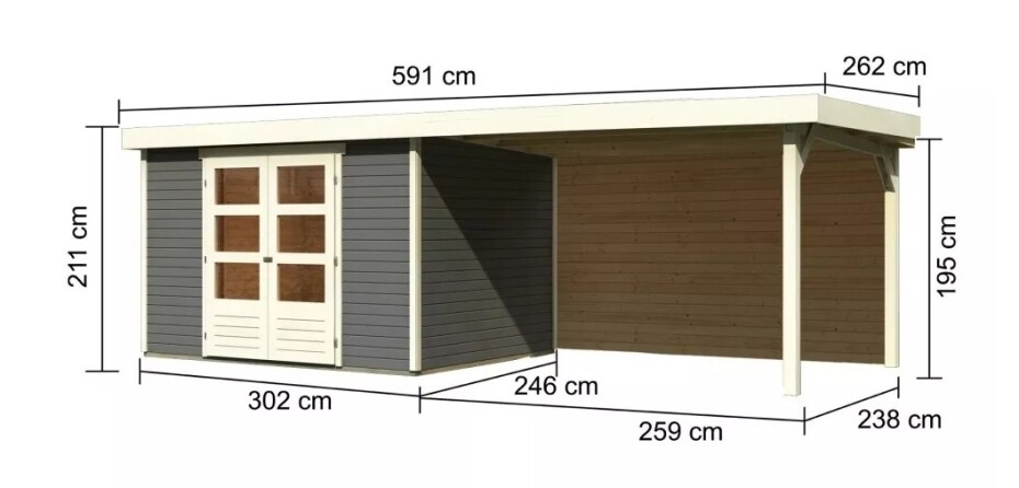 Dřevěný domek KARIBU ASKOLA 5 + přístavek 280 cm včetně zadní stěny (9161) šedý LG3281 - main (1)