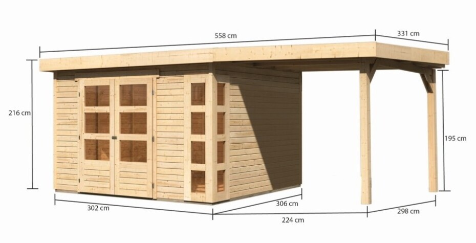Dřevěný domek KARIBU KERKO 6 + přístavek 240 cm včetně zadní stěny (38733) natur LG2999 - main (1)
