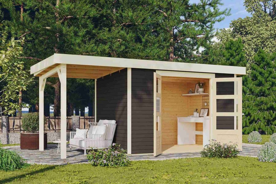 Dřevěný domek KARIBU ASKOLA 4 + přístavek 150 cm (23499) šedý LG3256 - main (2)