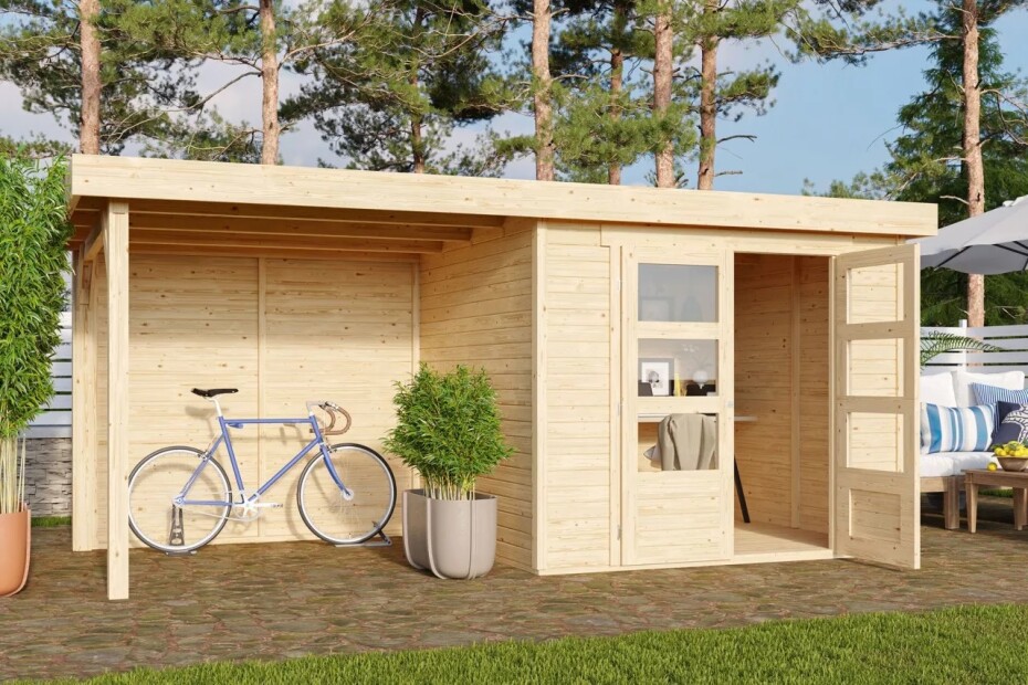 Dřevěný domek KARIBU ASKOLA 3 + přístavek 240 cm včetně zadní stěny (9170) natur LG3231 - main (2)