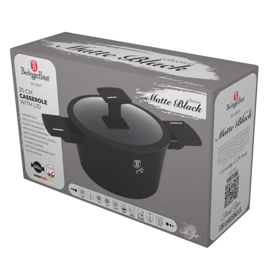 BERLINGERHAUS Kastrol s titanovým povrchem a poklicí 20 cm Matte Black Collection BH-8187 - main (1)